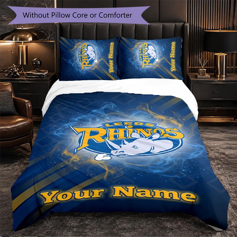Set Biancheria da Letto Personalizzato Leeds Rhinos con Nome Testo, 1 Copripiumino & 2 Federe Regalo Personalizzato per Camera da Letto