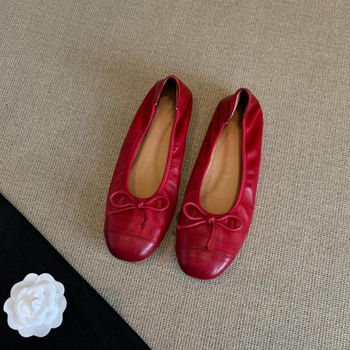 

Версия из овчины~ ретро туфли-лодочки с открытым носком женские туфли на одной педали из мягкой кожи на мягкой подошве туфли для бабушек ретро на плоской подошве кожаные маленькие одинарные туфли 40 красный