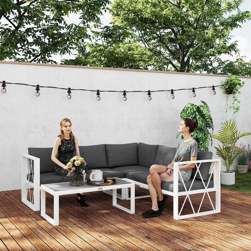 Four-Piece L Shaped Garden Furniture Set with 5-Level Adjustable Lounger - Grey