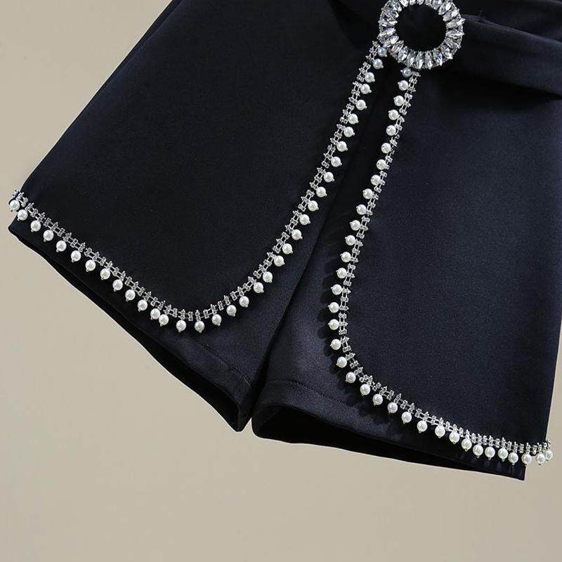 Pantalones cortos de traje con incrustaciones de diamantes con cuentas Pantalones anchos de cintura alta elegantes para mujer