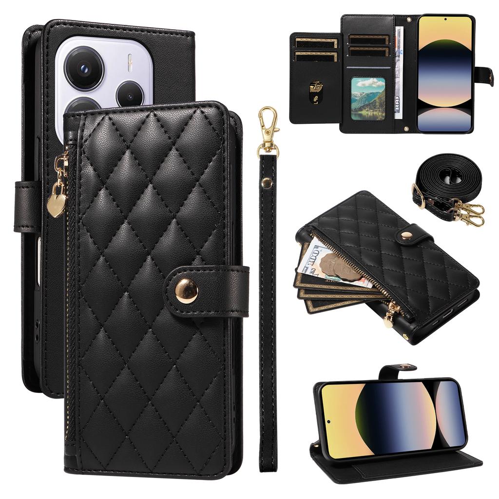 For Xiaomi Redmi Note 14 4G (164.84x78.15x8.16mm) Wallet Case with Straps,Rhombus Leather Stand Phone Cover