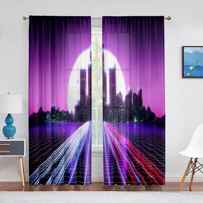 Punk Night City Landscape Purple Neon 2panels Curtain for Living Room Bedroom Drape Kitchen Window Curtains Home Essentials