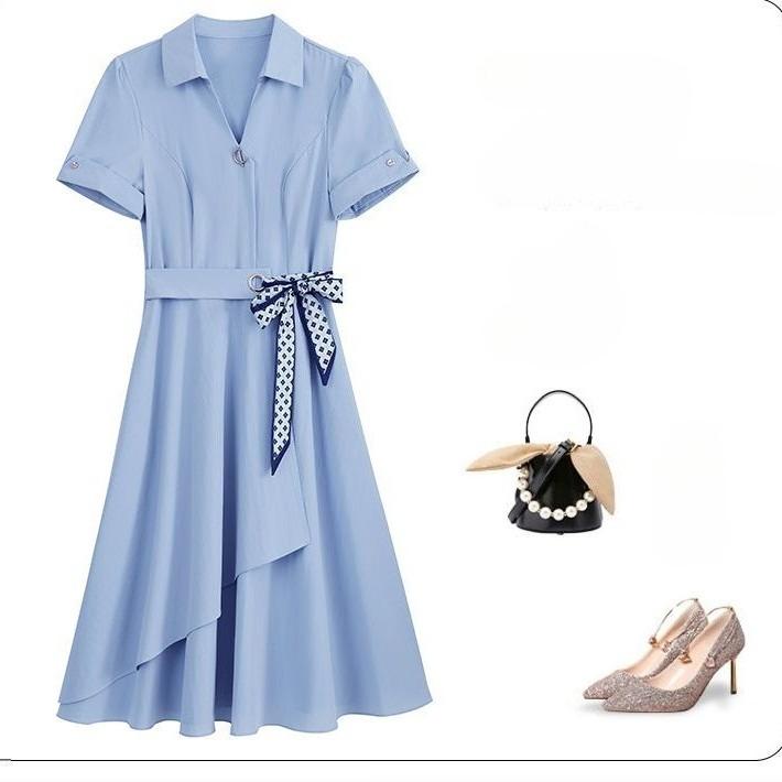 Summer Women's Dresses with Short Sleeves Solid Color Slimming and Covering Belly