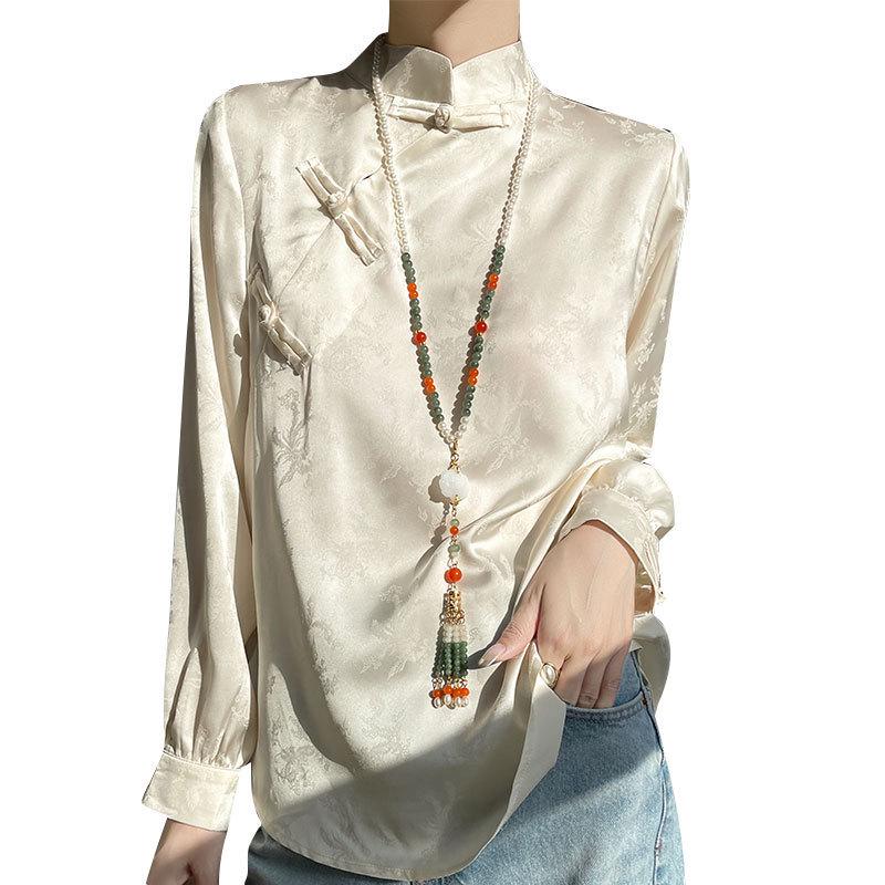 2024 Spring/Summer Women's Chinese Style Satin Jacquard Stand Collar Shirt