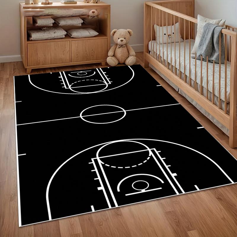 Basketball Court Area Rug Minimalist Black and White Sports Design Non Slip Washable Floor Carpet for Playroom Kids Bedroom