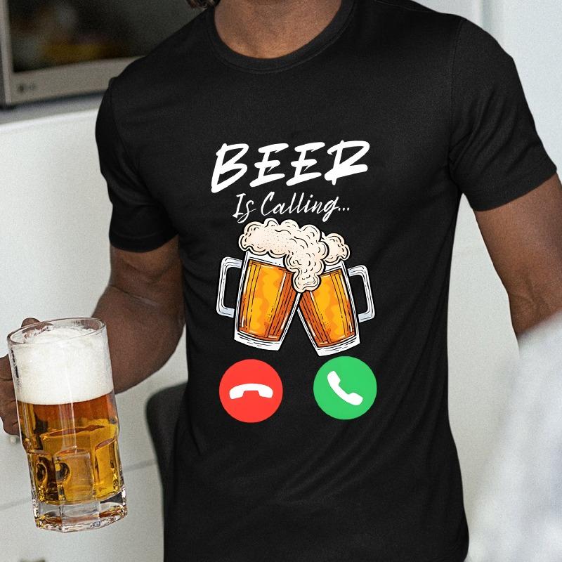 Beer Is Calling T-Shirt for Men, Funny Phone Call Beer Mug Graphic Tee, Summer Short Sleeve Y2k Tops, Gift for Drinking Lovers L