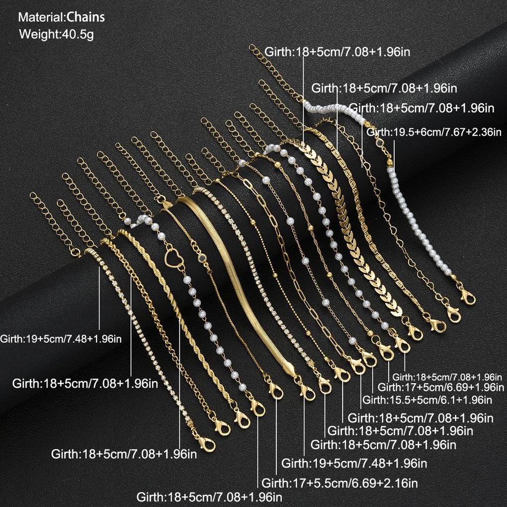 16pcs Minimalist Heart Pearl Rhinestone Snake Chain Bracelet Set for Women Elegant Gold Color Dates Vacations Daily Wear Jewelry