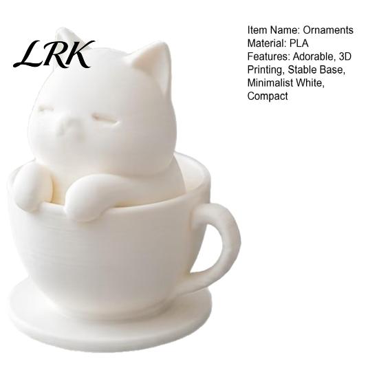 Cute Cat Cup Ornament 3D Printed Teacup Figurine, Mini Animal Statue Healing Decor Ornament, Smooth Kitten Figurine White Desktop Sculpture