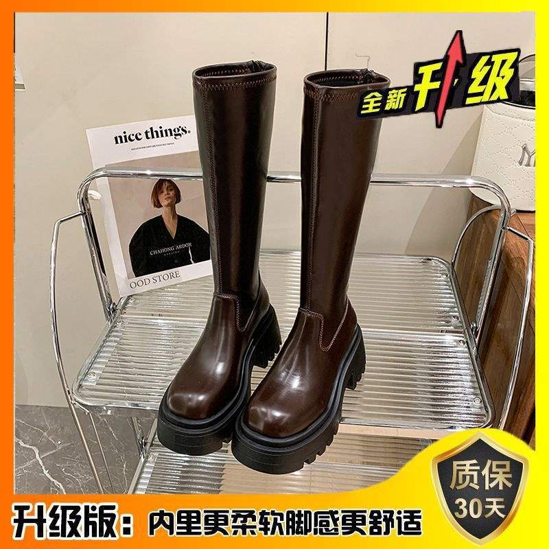 Black Thick-soled Heightening Boots for Women, But Knee-high Knight Boots, Thick Heel for Small Men, Long Tube, Thin Boots, Non-slip.