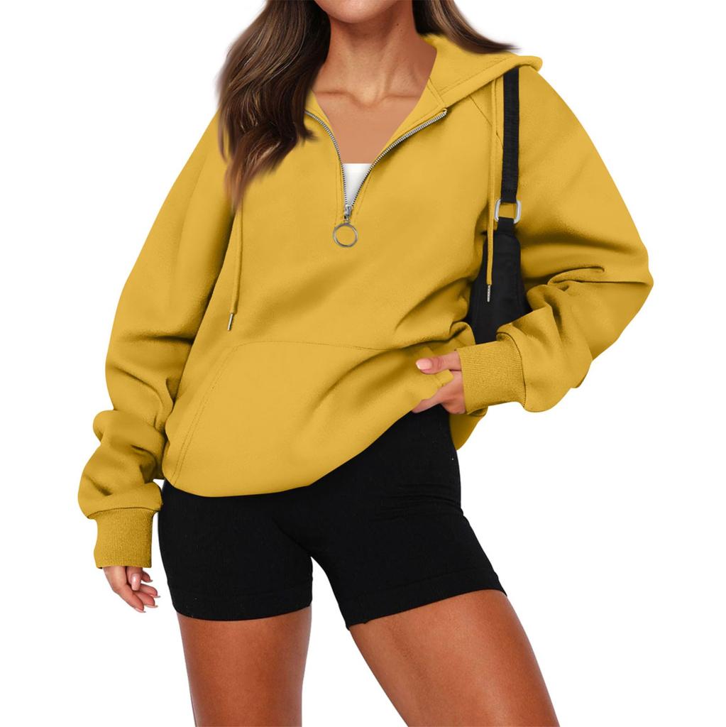 Women's Casual Fashion Long Sleeve Solid Color Zip Hooded Sweatshirt Top With Pocket