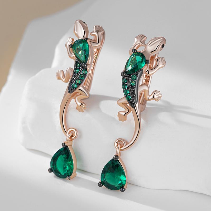 Green Natural Zircon Lizard Drop Earrings For Women Rose Gold And Black Plating Vintage Animal Daily Punk Jewelry