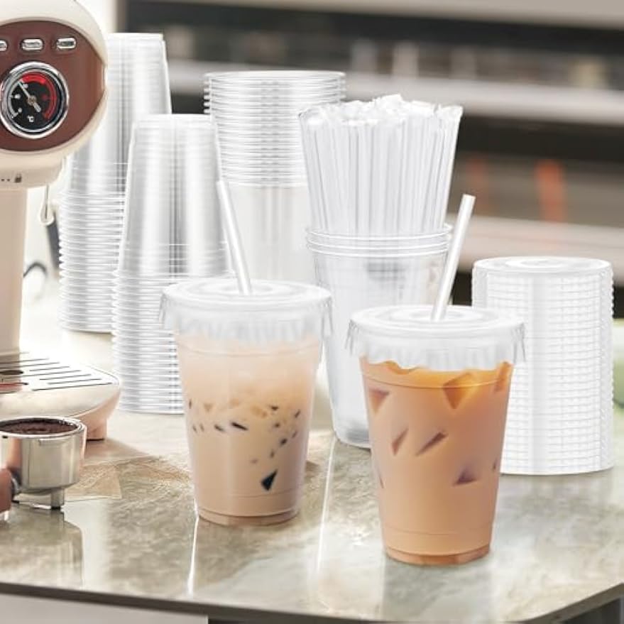 100 Pack 16 oz Plastic Cups, Disposable Iced Coffee Cups with Lids and Straws, Smoothies Milkshakes Juice, Sturdy Crystal Clear, Home Office Party