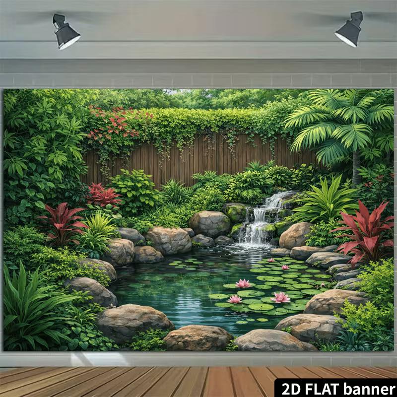2D Lush Jungle Waterfall Backdrop with Lily Pads for Studio Photoshoot