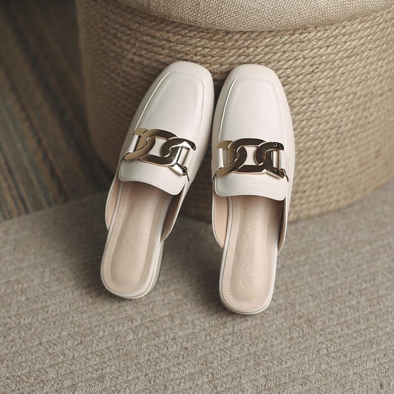 Leather flat for Huizhou women's shoes heels cool slippers women's low heels summer new bag head Muller shoes women