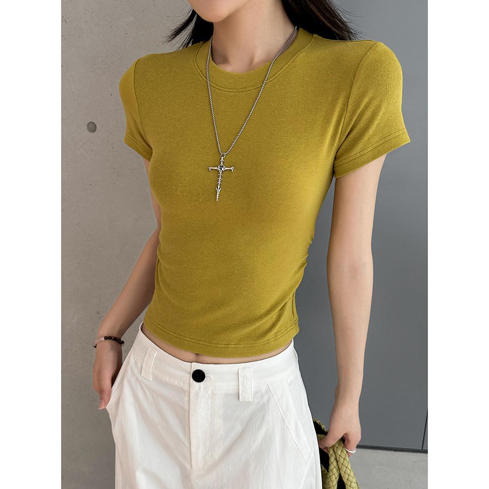 Women's Round Neck Short Sleeve Blouse Slim Fit Casual Style Ruched Cropped Cotton Tee