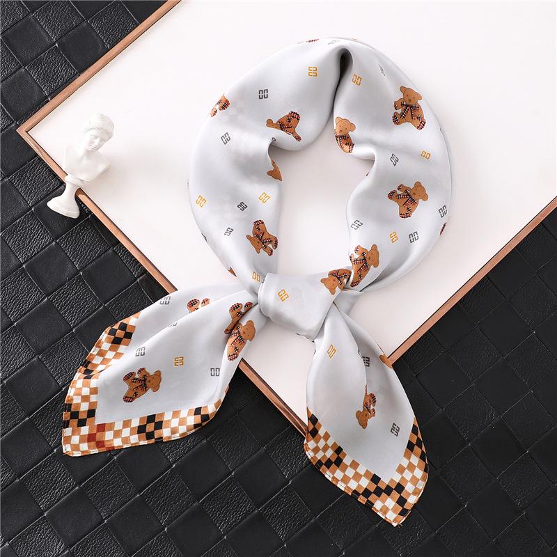 Small scarf scarf, cute scarf, printed literary square scarf, silk scarf, new simple simulation silk woman scarf, bear Korean version