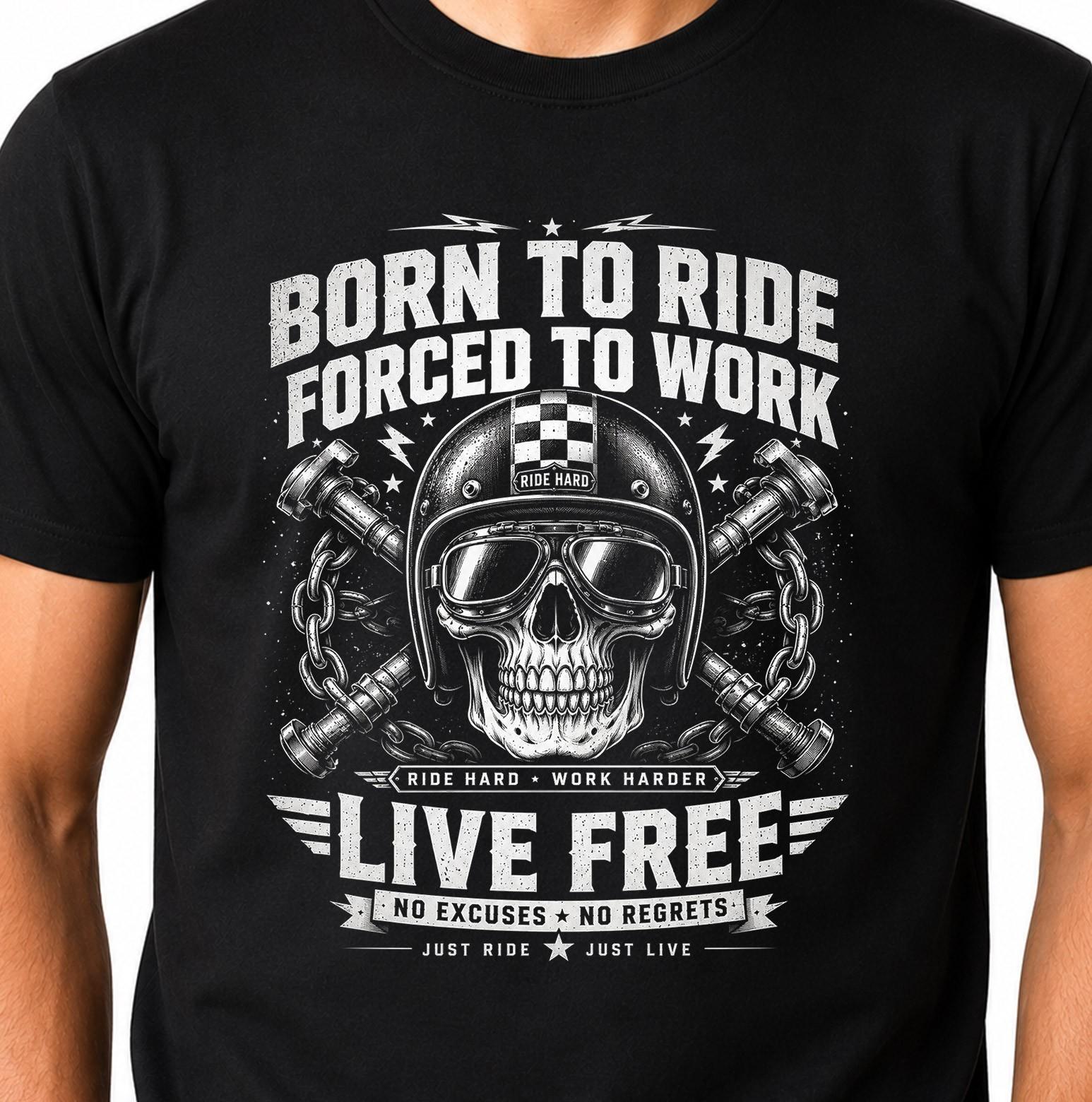 Skull Biker T-Shirt Born To Ride Forced To Work Motorcycle Helmet Graphic Tee. XXXXL