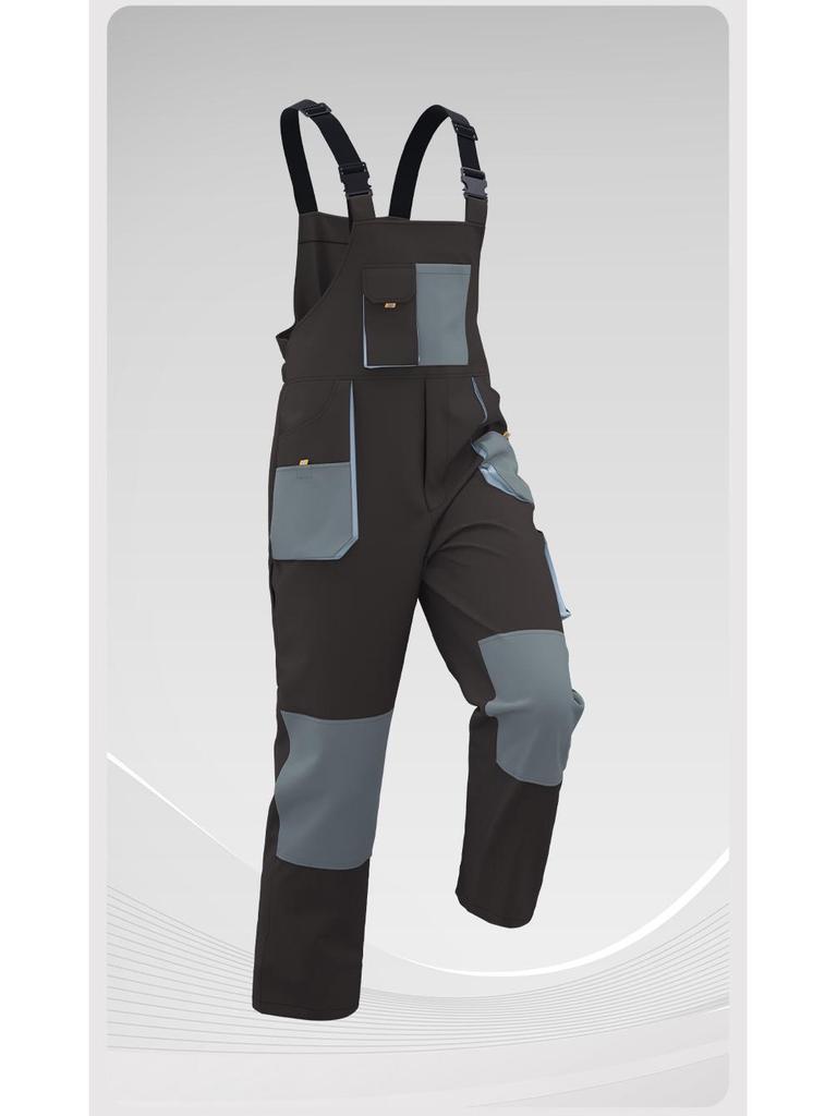 Cross-Border 3D Color-Block Multi-Pocket Hooded Strap Overalls for Labor Protection