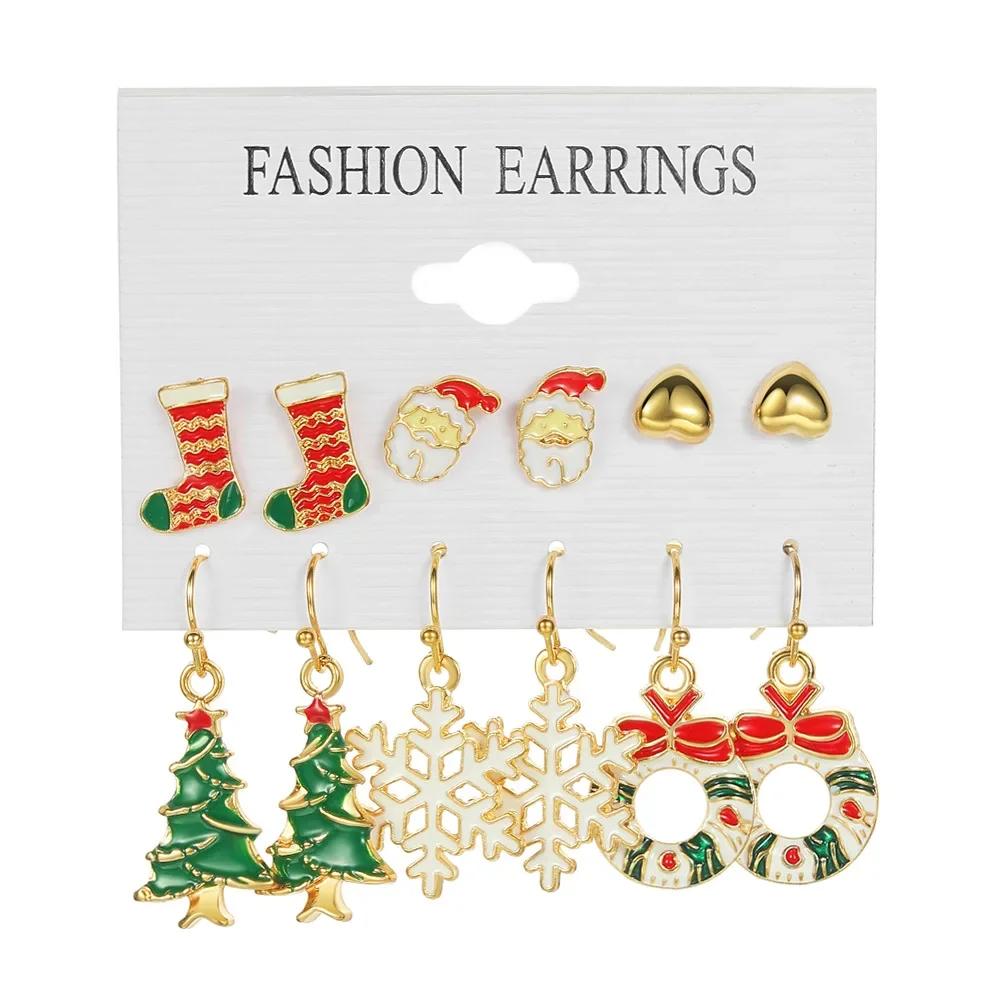Fashion Cartoon Christmas Earring Set Female Snowflake Tree Snowman Bell Earring Fashion Christmas Ball Earring Jewelry Gifts