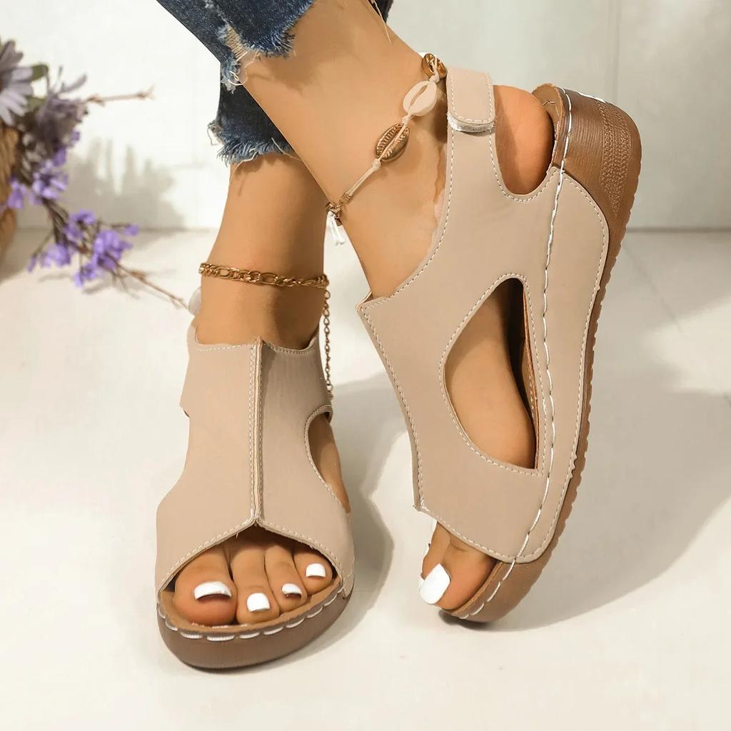 Fashion Velcro Platform Sandals, Women's Sewing Line Breathable Hollow Wedge Heel Beach Sandals