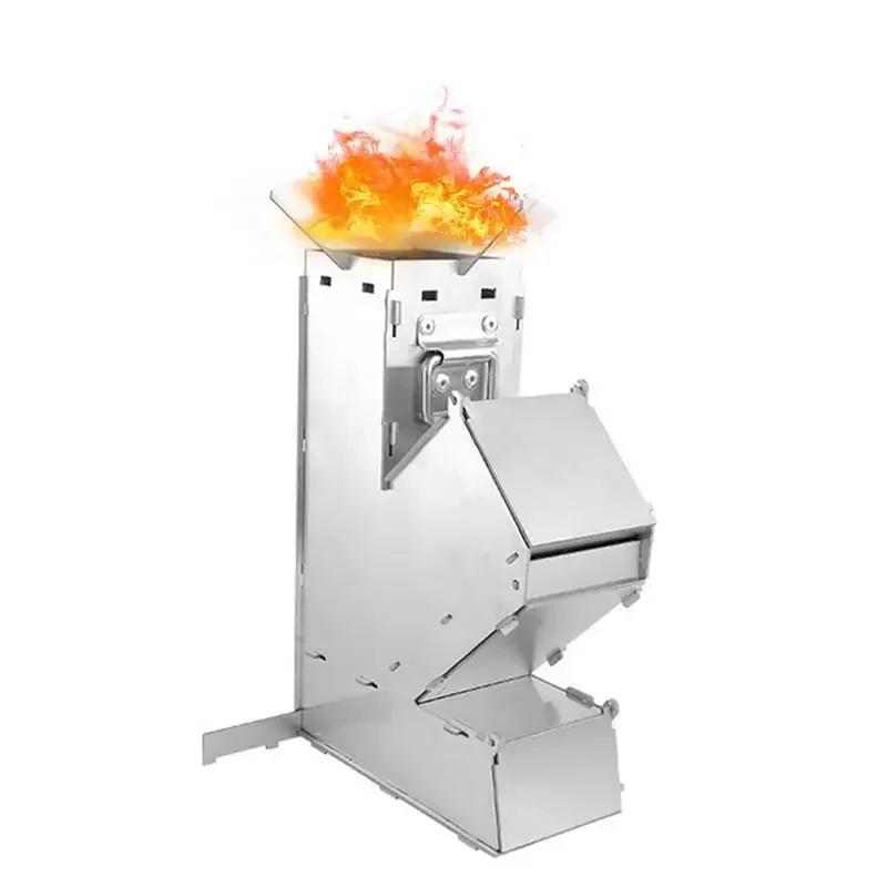 Foldable Stainless Steel Rocket Stove Outdoor Camping Wood Stove Portable Picnic Wood Burning Stove Hiking Barbecue Equipment