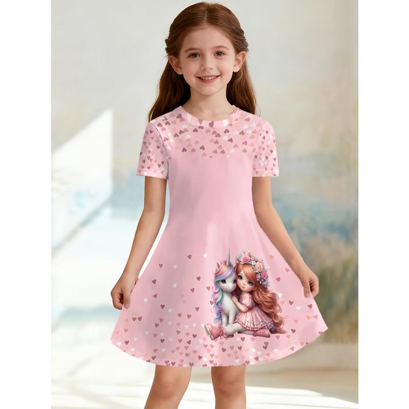 Casual Short-Sleeve Dress for Girls Featuring a 3D Unicorn Print, Perfect for Summer with Cute Cartoon Designs for Toddlers.
