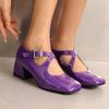 Women Mary Jane Pumps Patent Leather Lolita Shoes Med Heels Chunky Style 2025 Cross Strap Decor Comfort Square Toe Footwear