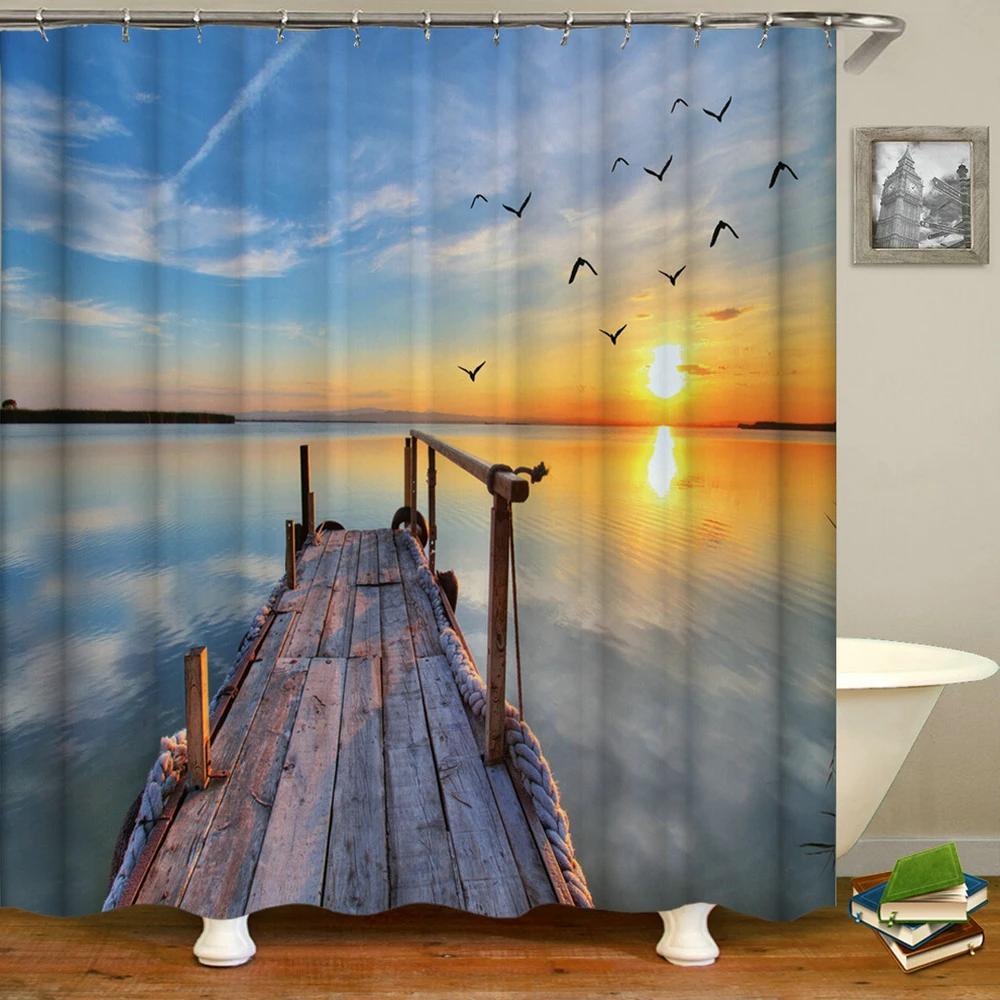 Natural Scenery Waterproof Fabric Shower Curtain Bathroom Curtains With Hooks 180X180Cm Landscape Bath Screen Home Decoration