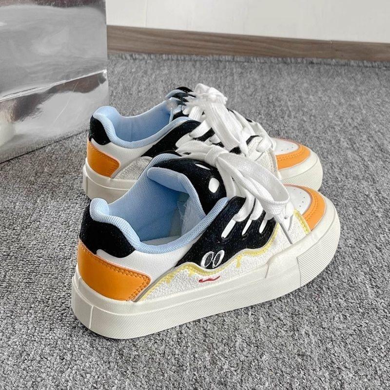 Retro thick baseplate shoes women's spring white shoes student versatile shoes contrasting color splicing bread shoes