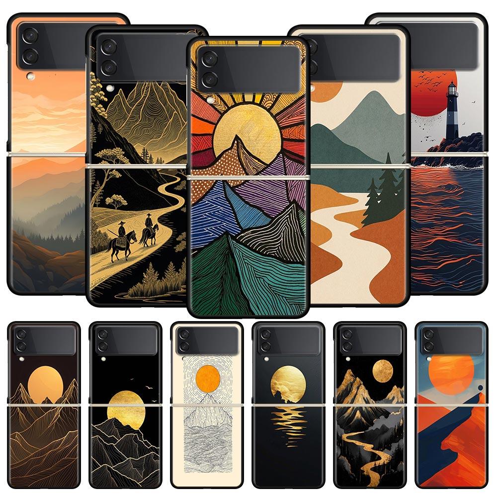 Abstract Mountain Sunrise Line Phone Case For Samsung Galaxy Z Flip3 Flip4 Flip5 Case For Z Flip 3 4 5 6 7 Hard Folding Cover