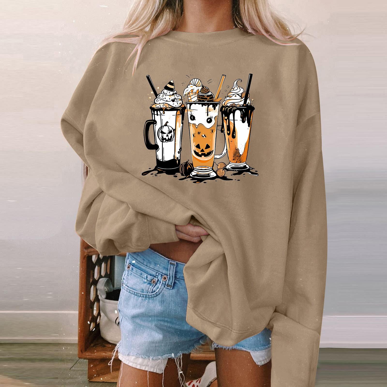 

Женский пуловер с принтом Хэллоуина, круглый вырез, заниженная линия плеча, блузка с длинными рукавами XL кофейный