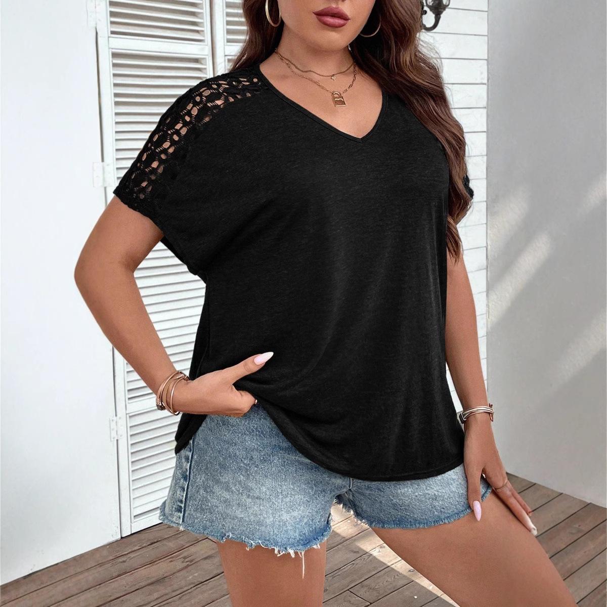 

Летняя мода Повседневный Топ с коротким рукавом, вырезами на плечах и строчкой, свободного кроя, женские футболки XXL чёрный