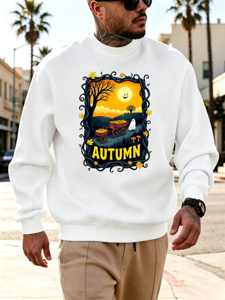 Men's Graphic Print Crew Neck Sweatshirt, Vintage Autumn Streetwear Pattern, Halloween Pattern, Smiling/Moon/Pumpkin, Loose Fit Cut,