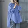 Women Casual Turn Down Collar Asymmetrical Hem Loose Long Sleeve Blouse