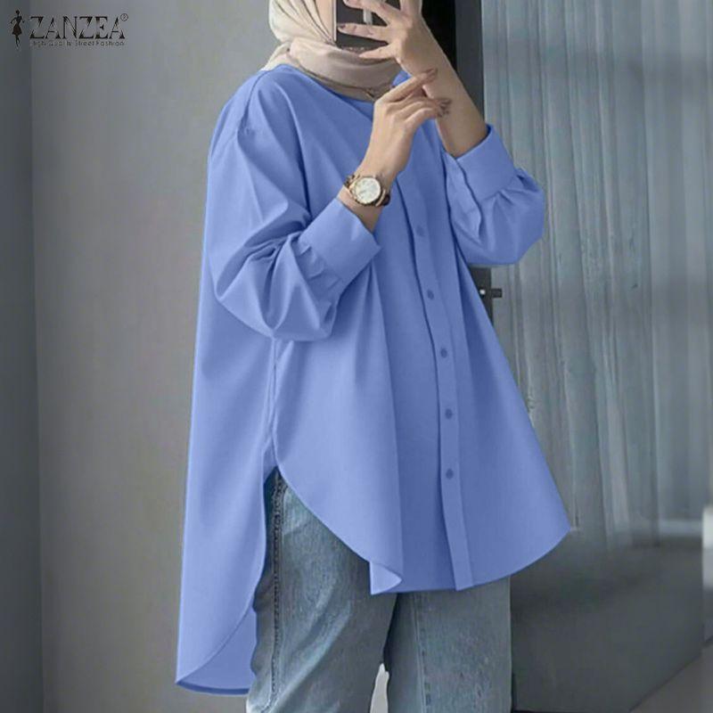 ZANZEA Blusa Casual para Mujer con Cuello Solapa Dobladillo Asimétrico Manga Larga Holgada