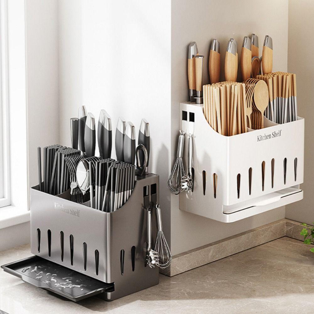 Cu Tava de Scurgere Suport pentru Tacâmuri Oțel Inoxidabil Organizator Lingură Furculiță Raft de Depozitare pentru Cuțite Blat