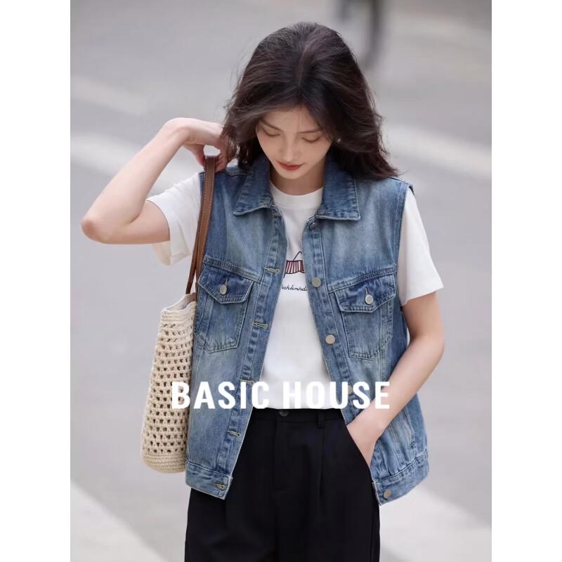 Basic House Women s Retro Blue Lapel Denim Vest M