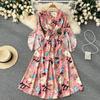 Summer new French retro collar lantern sleeve print dress high waist word skirt chiffon skirt big swing dress