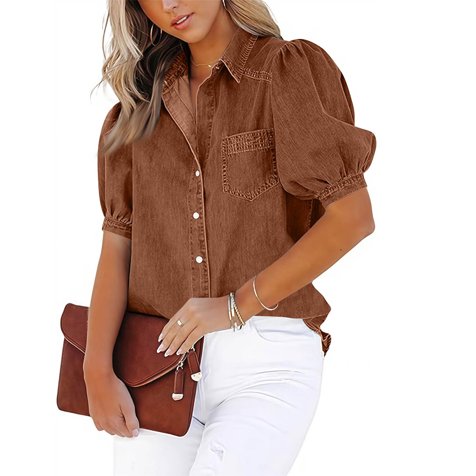 

Женский модный короткий кардиган с лацканами, короткими рукавами и карманом, цветная повседневная рубашка-топ XXL верблюд