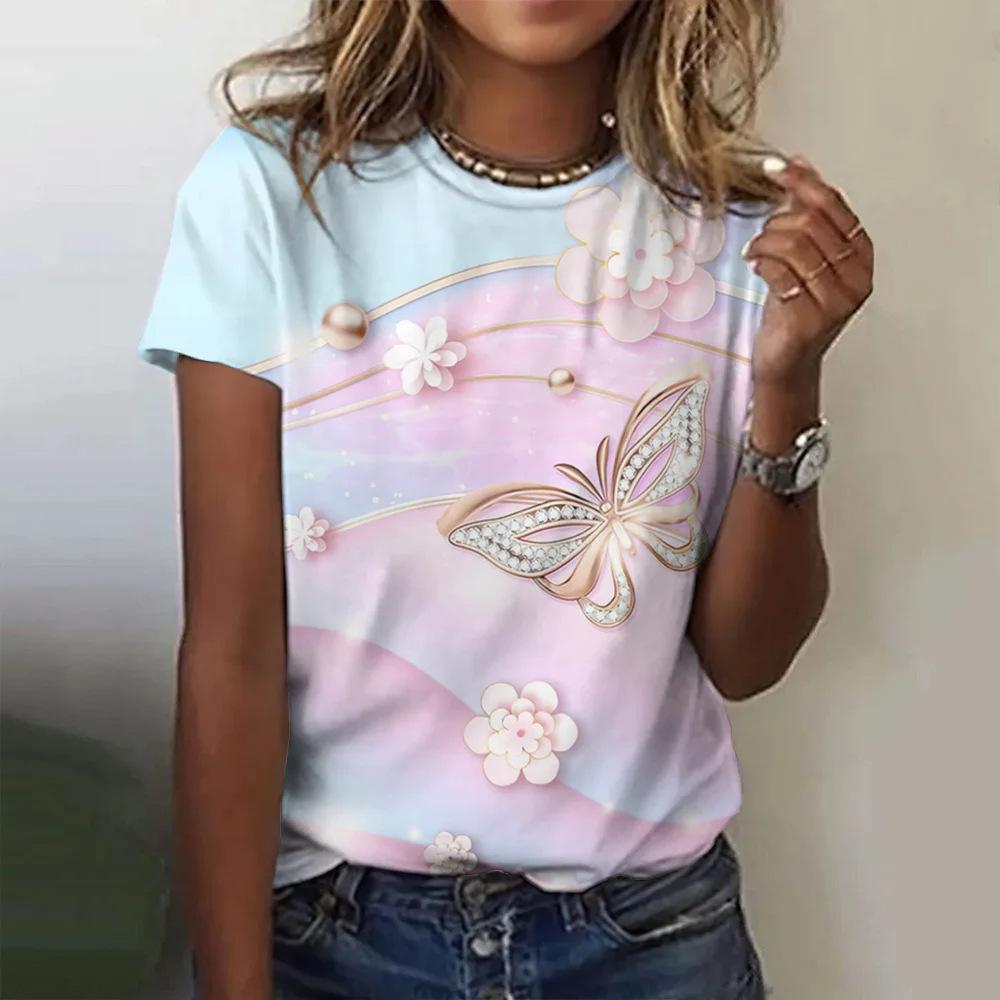 Butterfly and Flower Pattern 3D Digital Printing Women's Fashion Round Neck Short Sleeve T-shirt