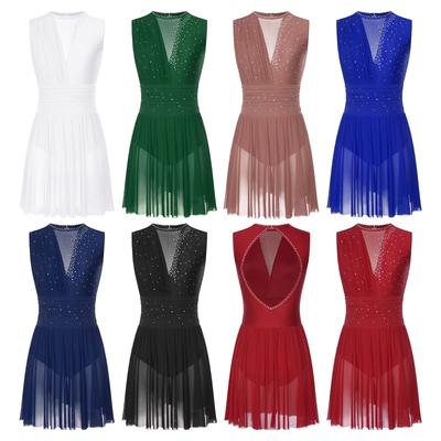 Womens Sleeveless Ruched Dress Cutout Back Design Glittery Rhinestones Lyrical Dance Figure Skating Costume