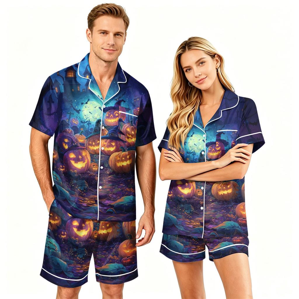 Couple Matching Halloween Pajama Set Short Sleeve Button Down Shirt with Hem Short Pants Soft Casual Loungewear S To XXXXL