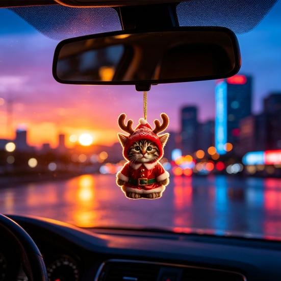 Christmas Car Rearview Mirror Accessories Santa Cat Ornament, Acrylic Hanging Decor with Kitten Pendants Reindeer Antlers, 2D Cute Bag Charm