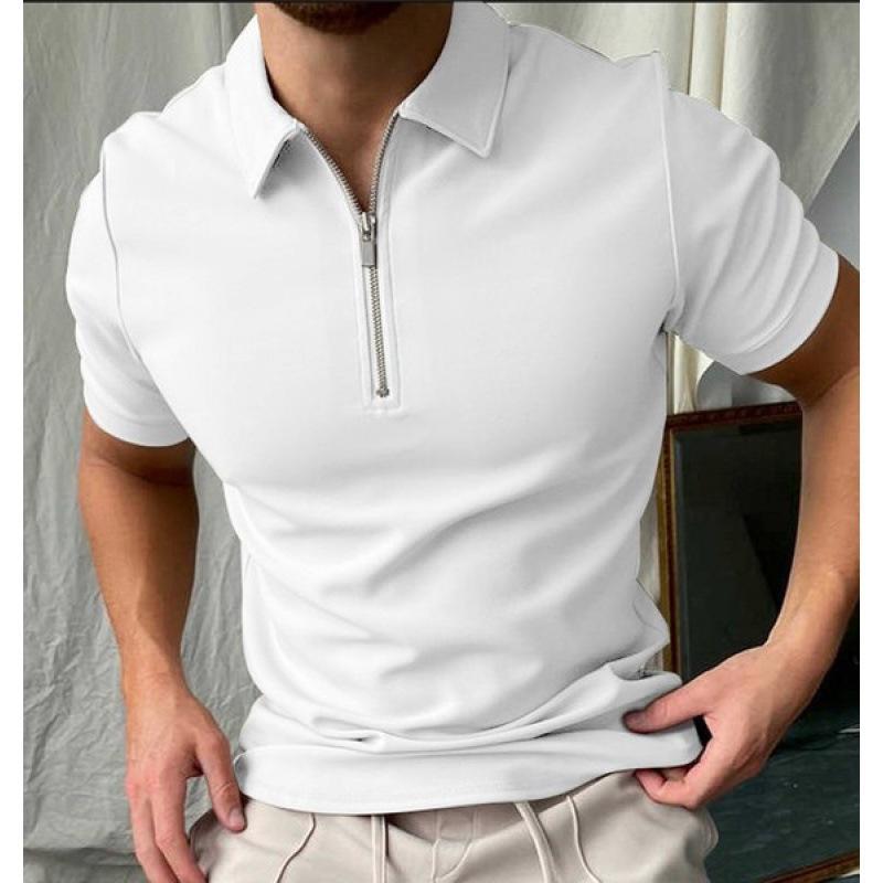 Trendy chain print short-sleeve zip polo shirt, stylish men's casual wear.