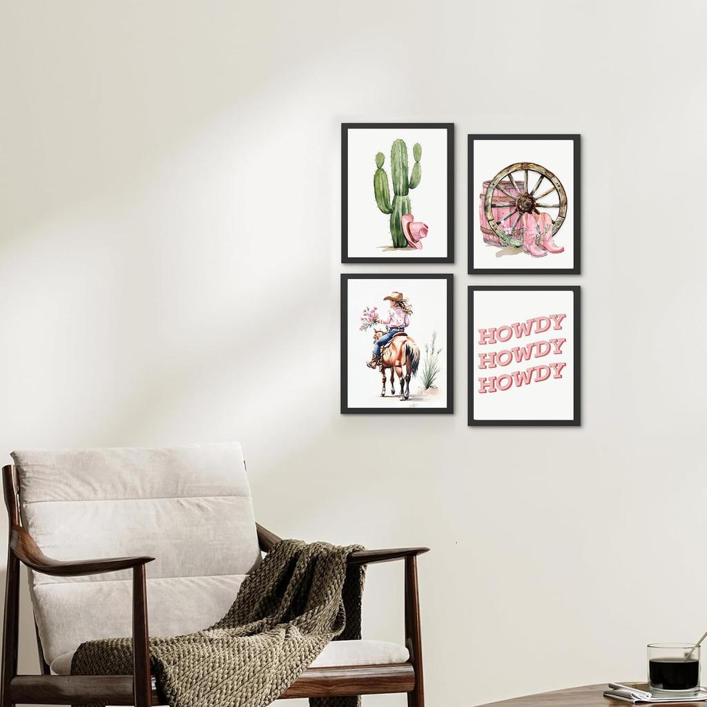 Western Cowgirl Canvas Wall Art, Watercolor Pink Cowboy Hat Cactus Desert Wall Art Prints for Cowgirl Nursery Kids Room Girls Room Dorm Decor Set of