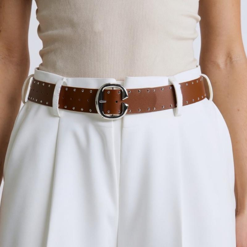 Double Row Rivets Studded Waist Belt PU Leather Waistband Punk Waiststrap Corset Belt for Women Girl Daily Outfit
