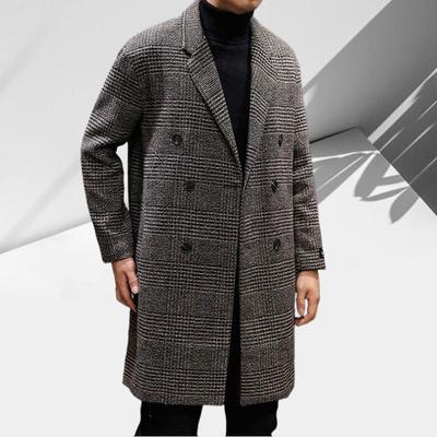 Men's Mid-Length Woolen Plaid Trench Coat - Trendy Hong Kong Style Casual Jacket for Autumn & Winter