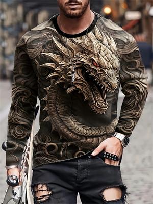Camiseta masculina de manga comprida com estampa de dragão 3D Outono Daily Street Moda masculina Camiseta de manga comprida Urban Casual Top de manga comprida