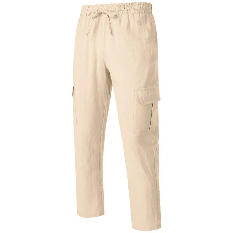 Men's Casual Trousers Loose Comfortable Cargo Pants Pants Man Cotton Linen Multi-pocket Straight Trousers Beach Thin Men Pants