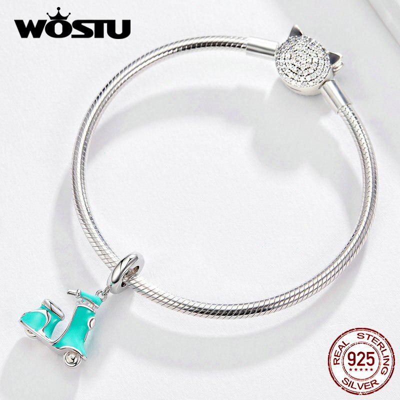 WOSTU Electromobile Bike Floating Dangle Charm 925 Sterling Silver Green Enamel Beads Fit Bracelet